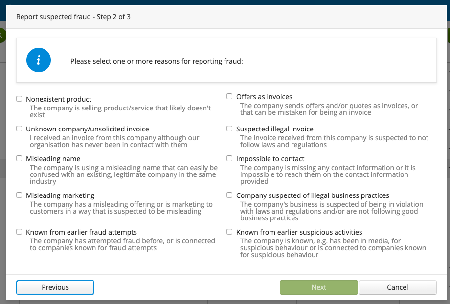 Fraud report categories