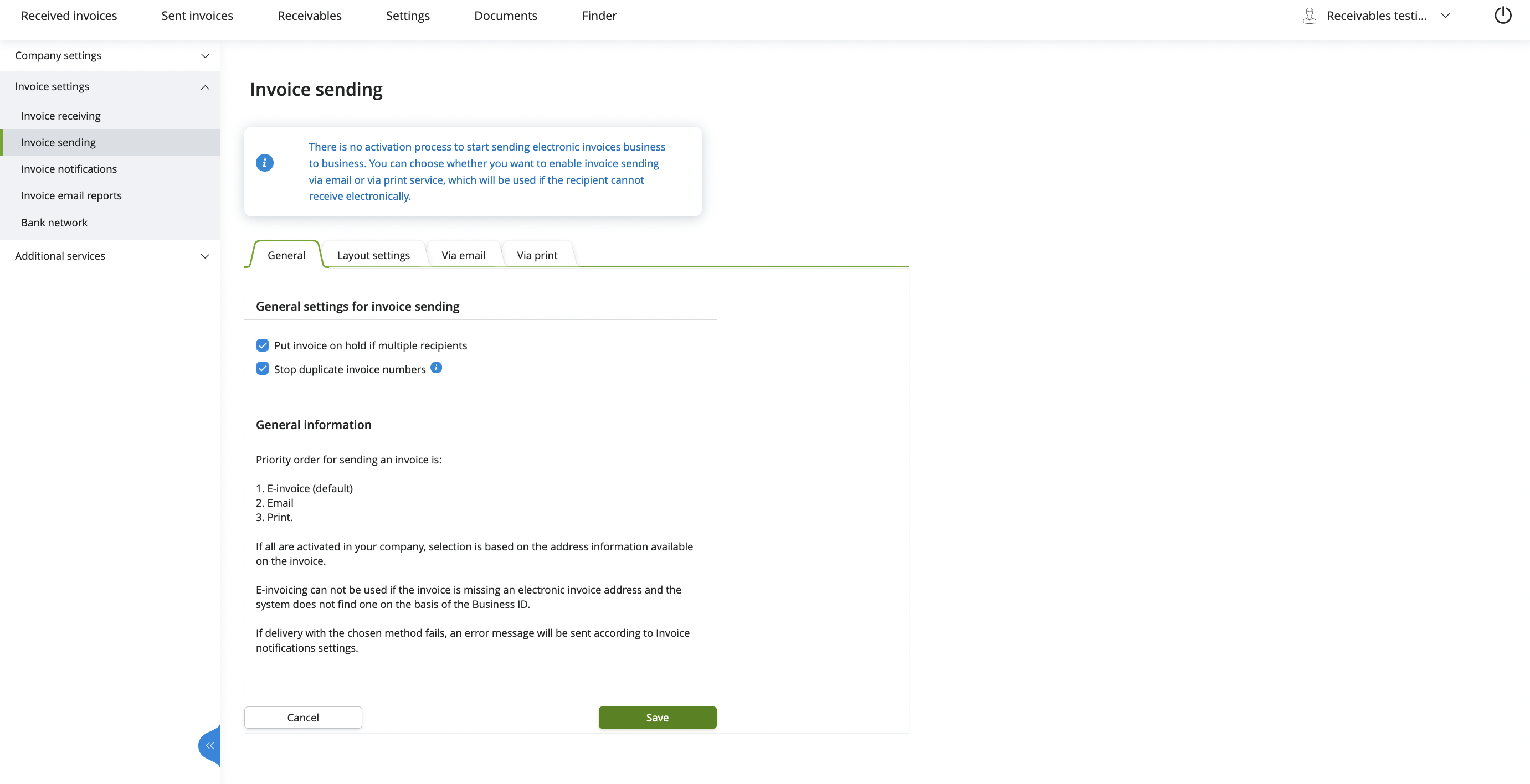 EUI view for settings